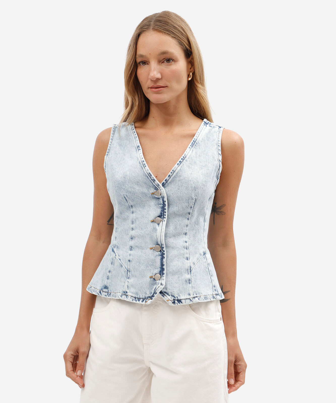colete feminino jeans decote v com recortes azul