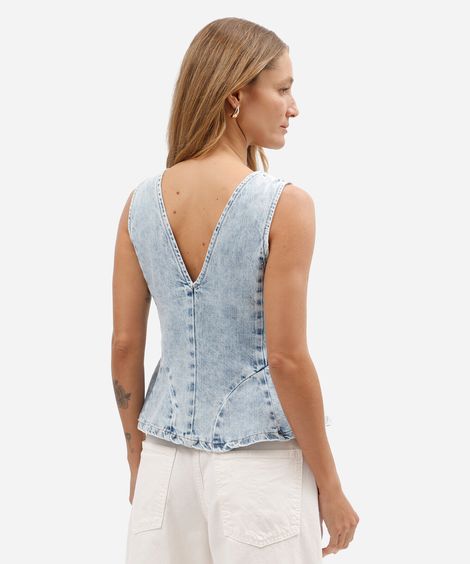 colete feminino jeans decote v com recortes azul