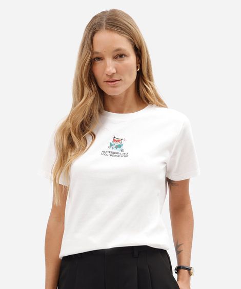 camiseta feminina de algodão manga curta estampada básica off white