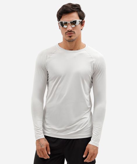 camiseta masculina esportiva manga longa com proteção uv cinza