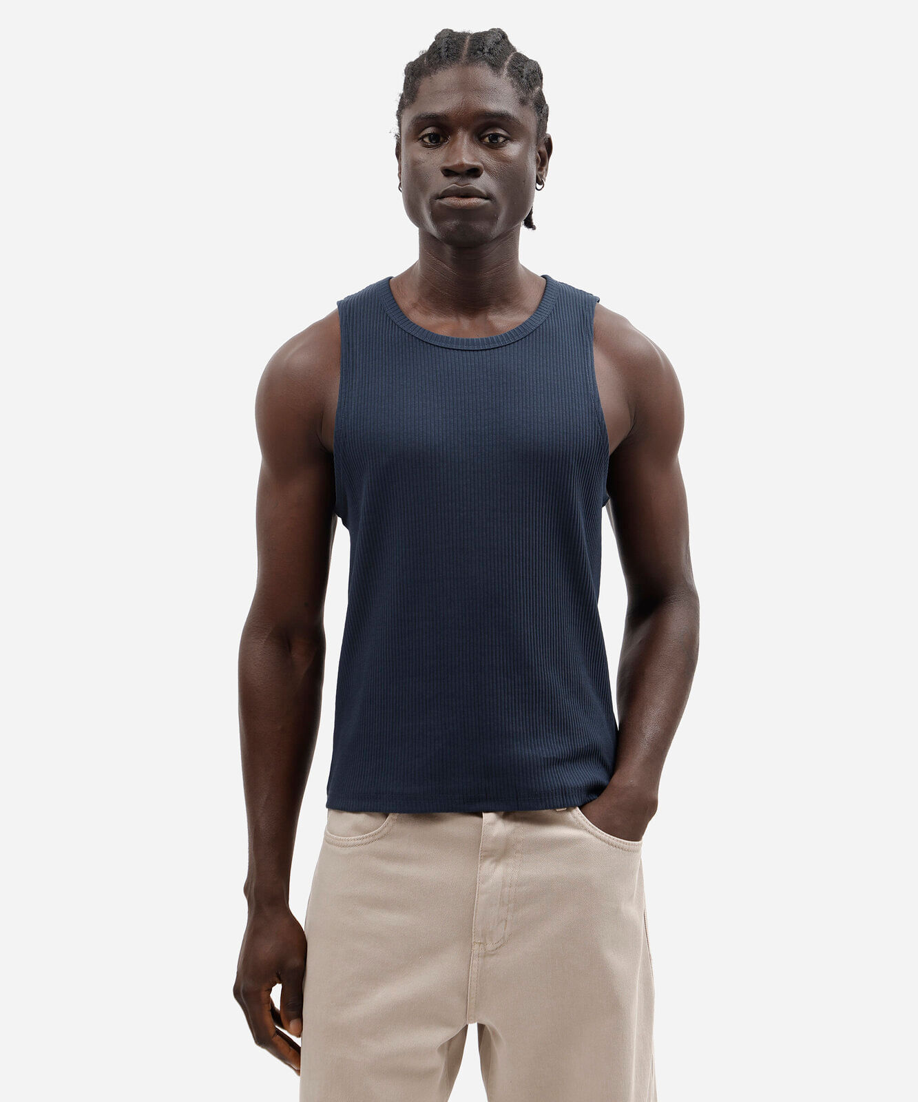 regata slim masculina de algodão canelada azul
