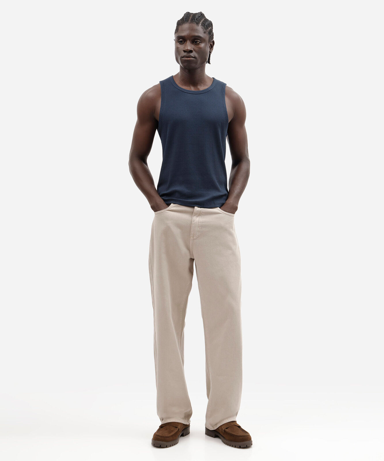 regata slim masculina de algodão canelada azul