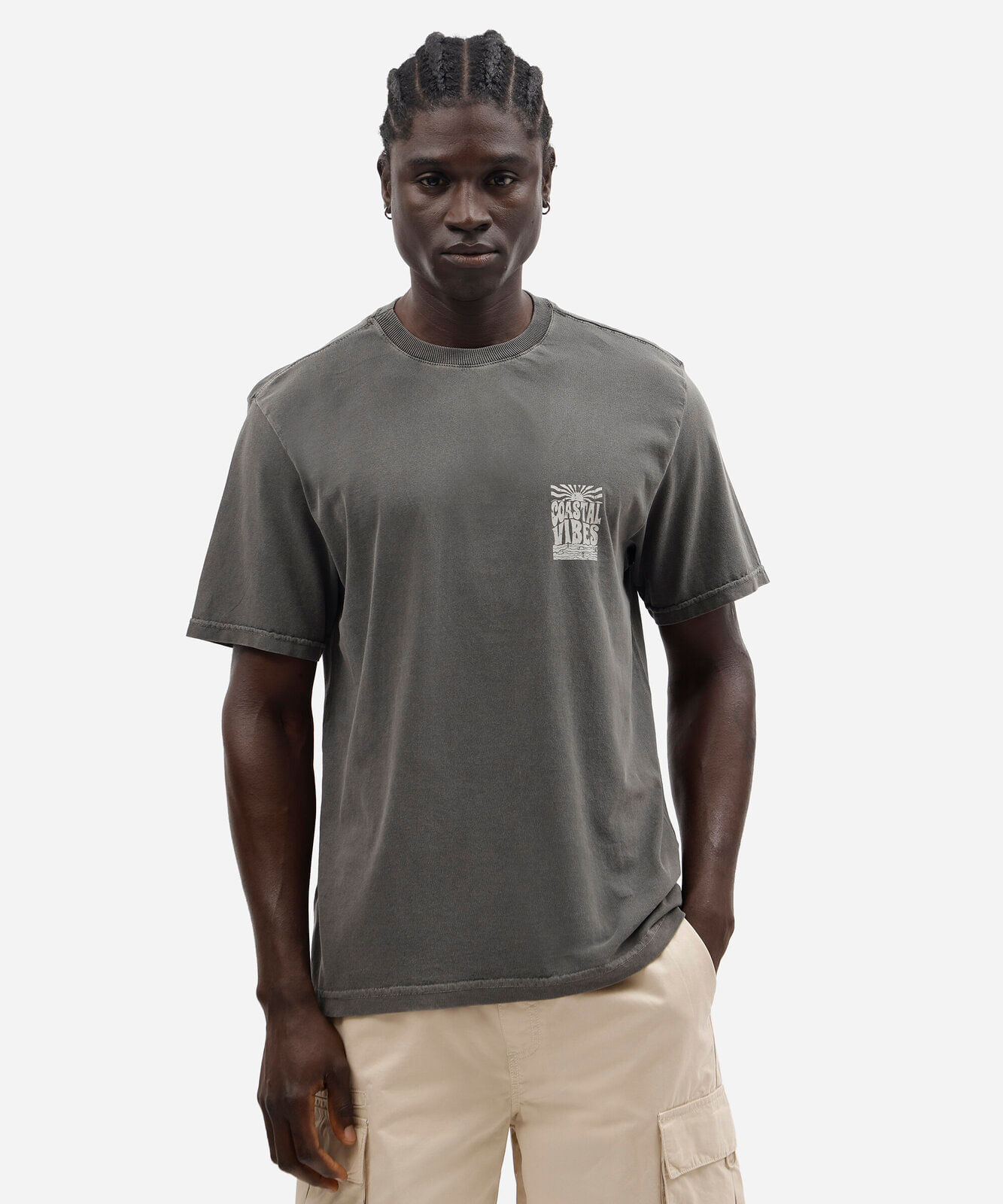 camiseta masculina de algodão manga curta estampada estonada cinza