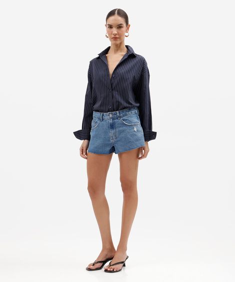 short curto feminino jeans cintura média destroyed azul