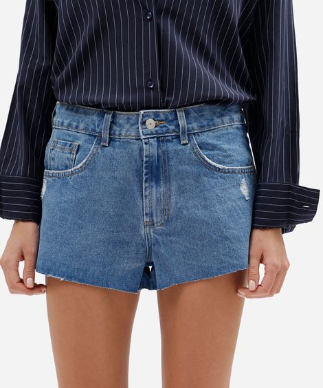 short curto feminino jeans cintura média destroyed azul