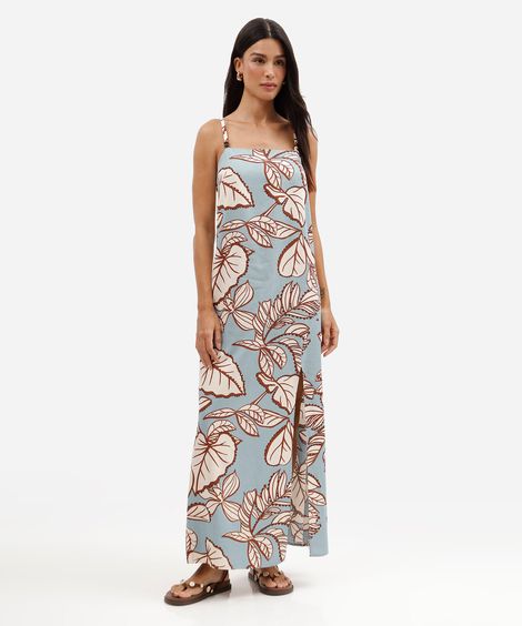 vestido longo feminino com linho e fenda folhagens azul