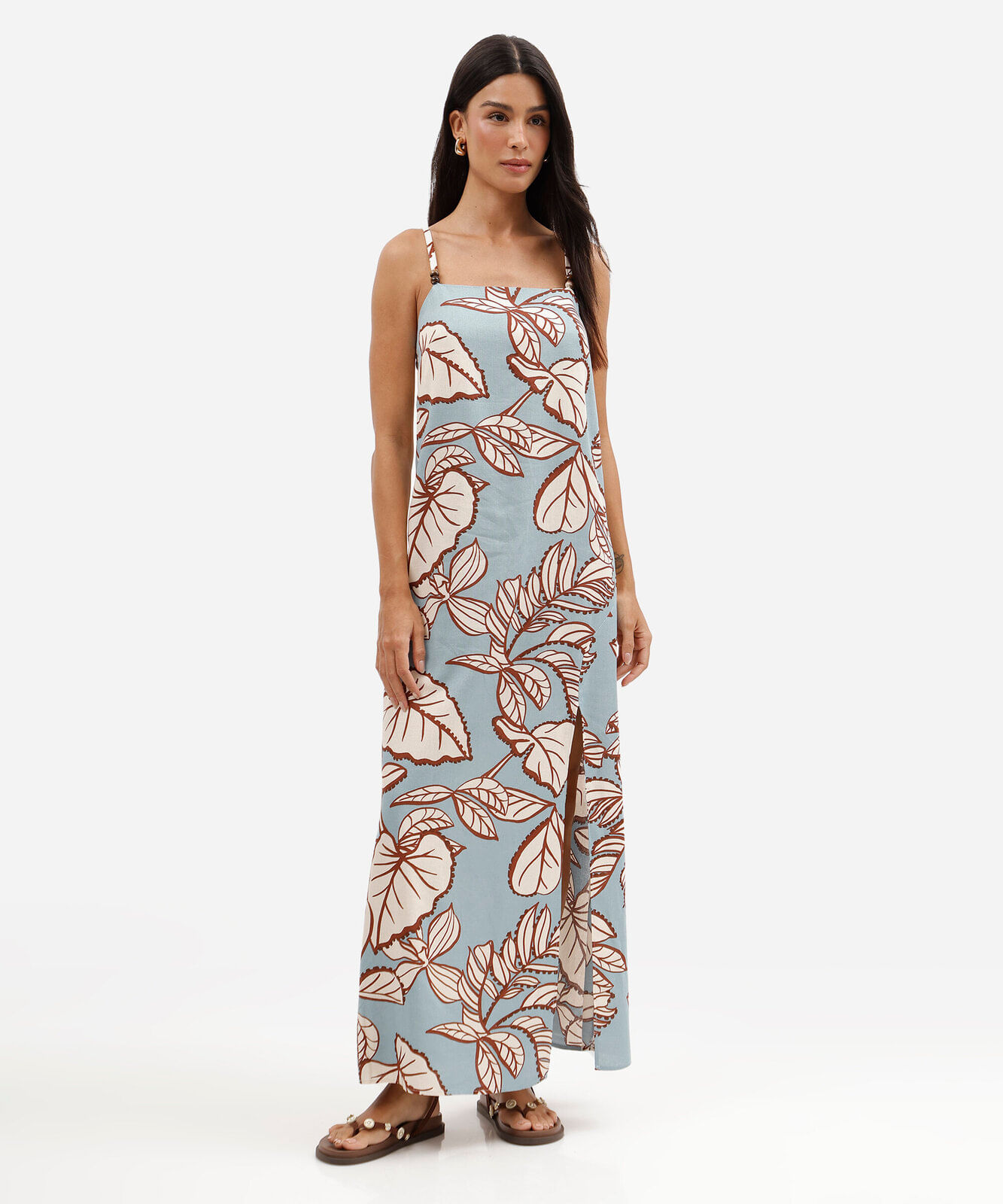 vestido longo feminino com linho e fenda folhagens azul