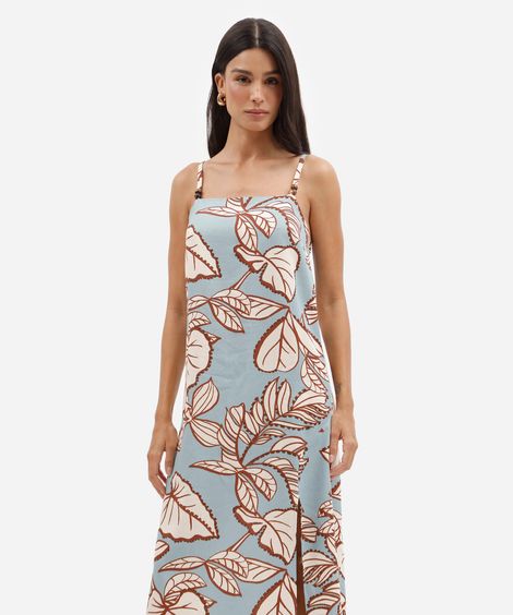 vestido longo feminino com linho e fenda folhagens azul