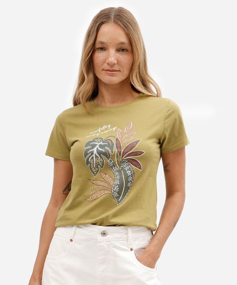 camiseta slim feminina de algodão manga curta folhagens básica verde