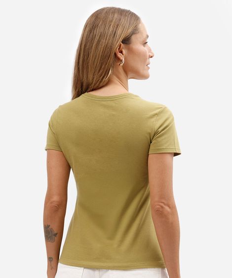 camiseta slim feminina de algodão manga curta folhagens básica verde