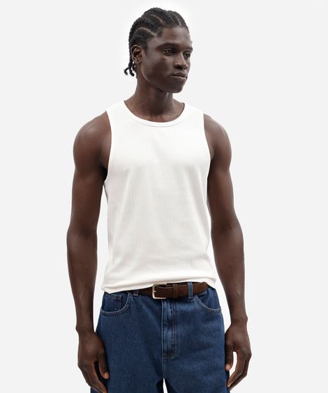 regata slim masculina de algodão canelada off white