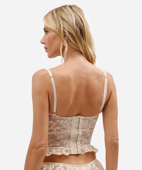 sutiã corset feminino de renda floral com babado bege