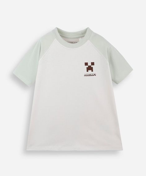 camiseta raglan infantil de algodão manga curta minecraft off white