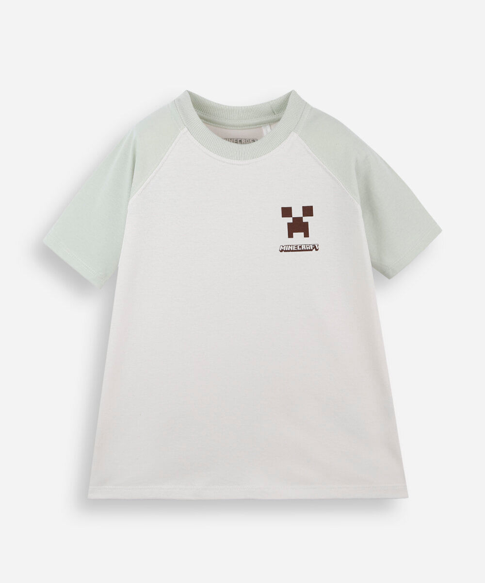 camiseta raglan infantil de algodão manga curta minecraft off white