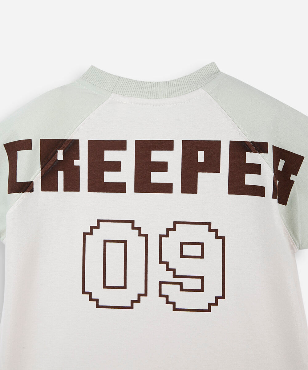 camiseta raglan infantil de algodão manga curta minecraft off white