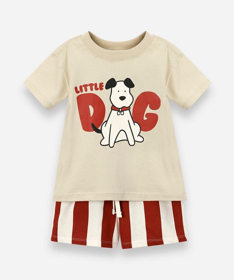 conjunto curto infantil de algodão listrado bege