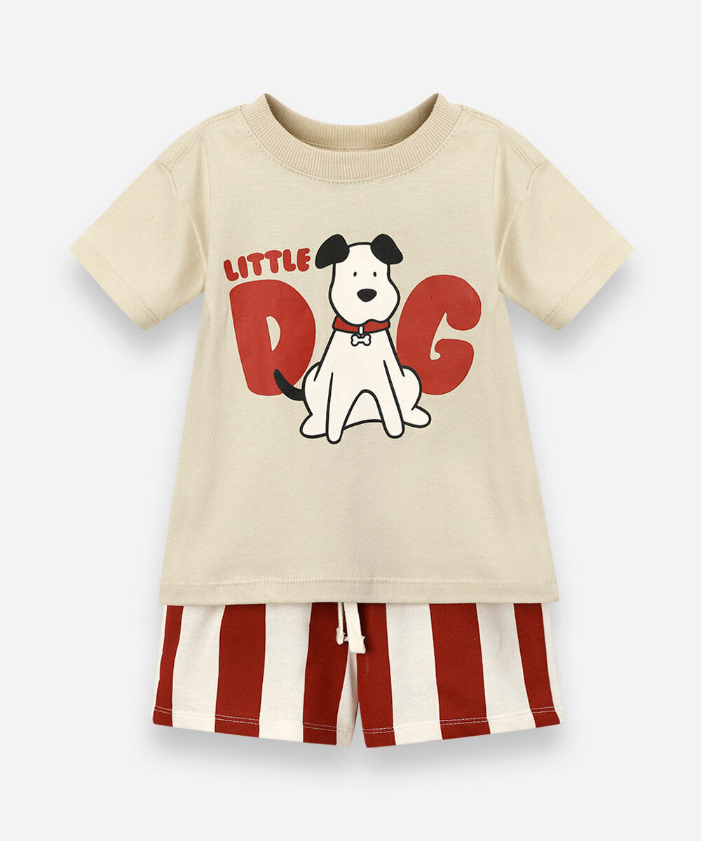 conjunto curto infantil de algodão listrado bege