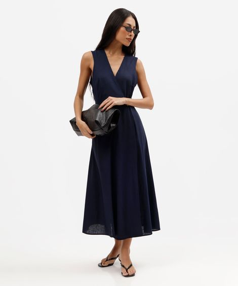 vestido midi feminino com linho e transpasse azul