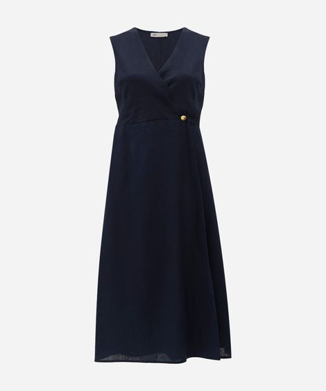 vestido midi feminino com linho e transpasse azul