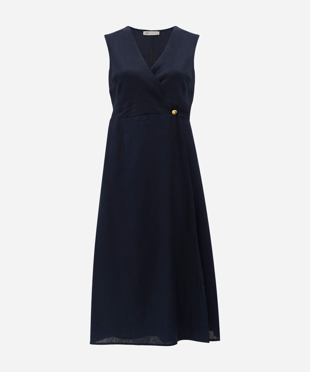 vestido midi feminino com linho e transpasse azul