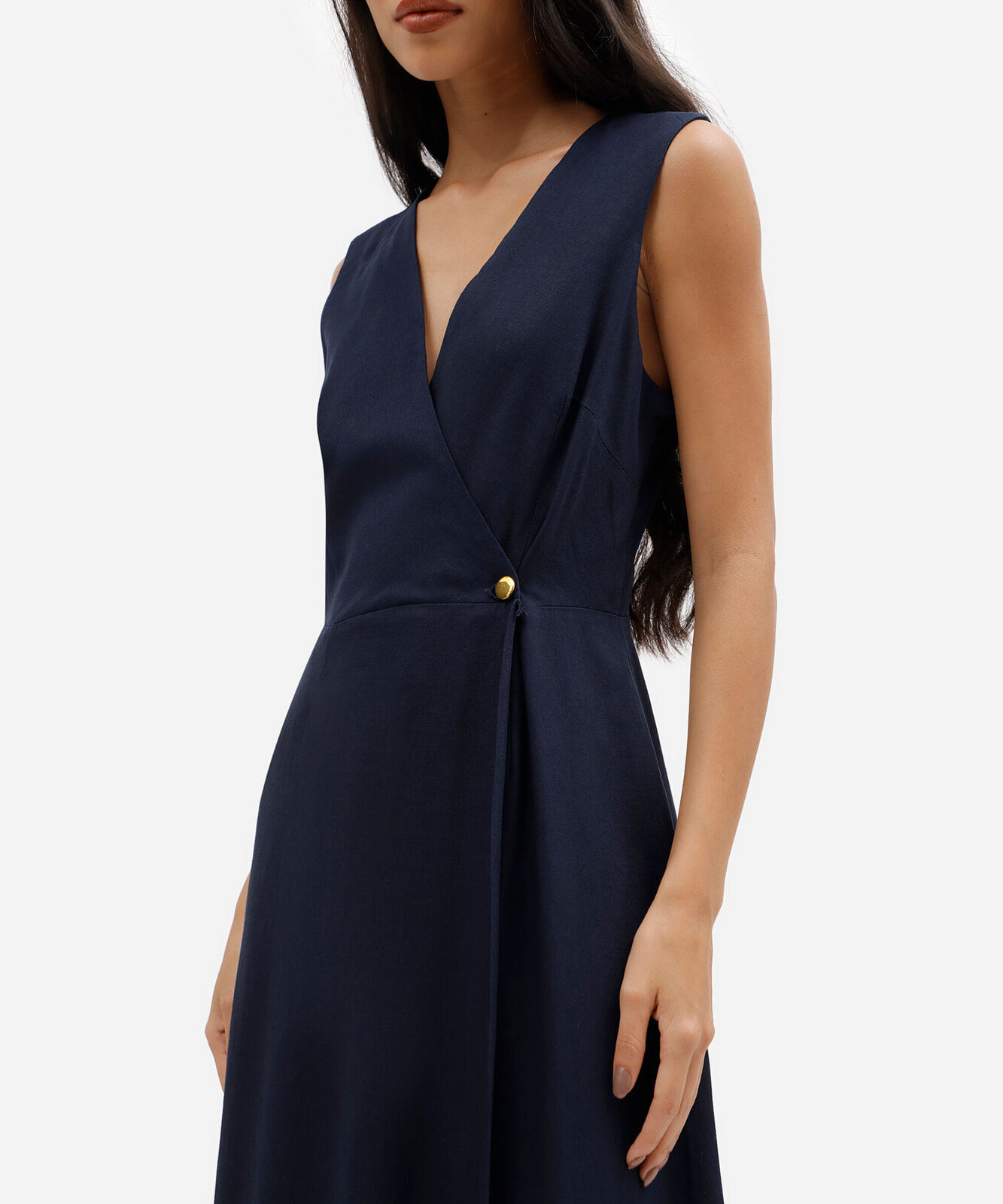 vestido midi feminino com linho e transpasse azul