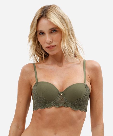 sutiã feminino meia taça com alças removíveis e renda floral verde