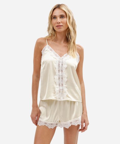 pijama short doll feminino acetinado com renda amarelo