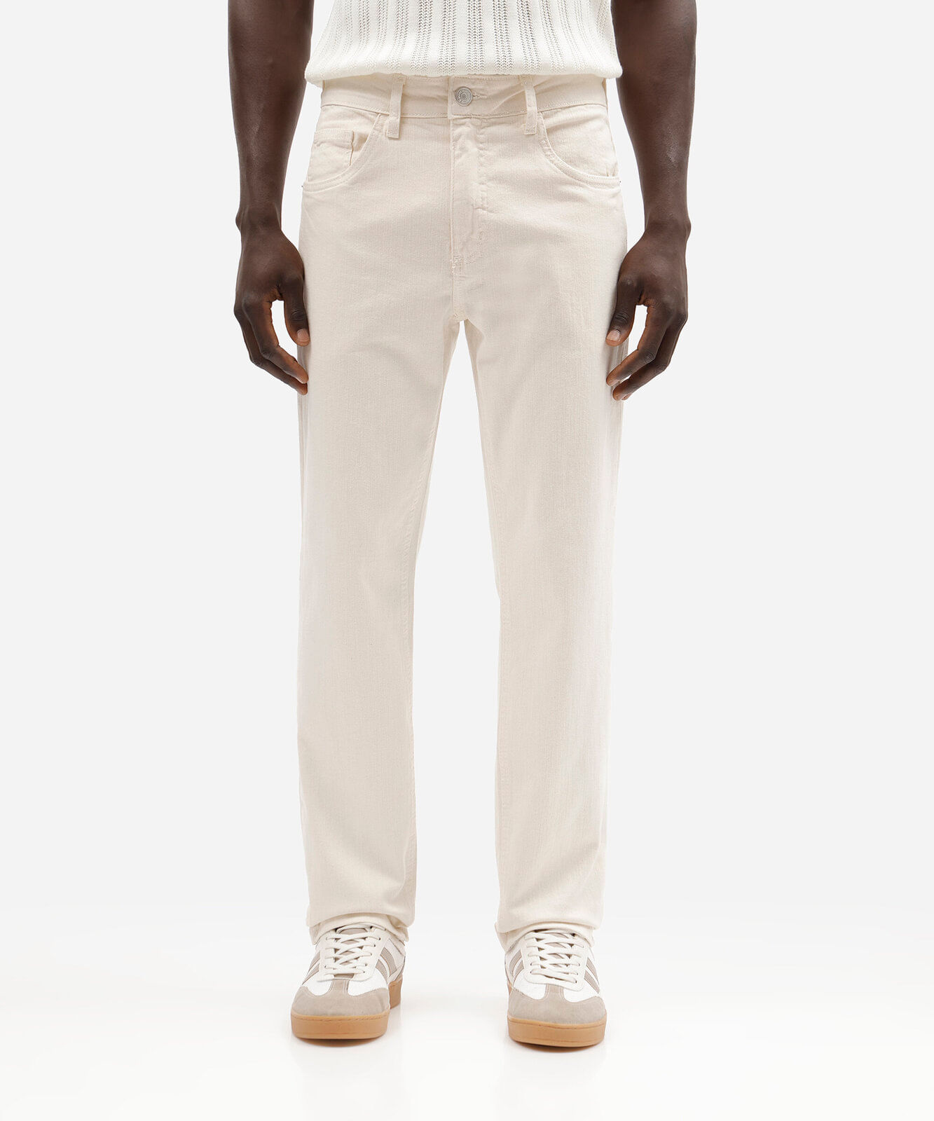 calça slim masculina de sarja off white