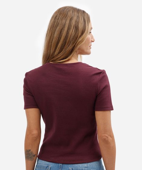 blusa feminina de algodão manga curta decote v com renda vinho