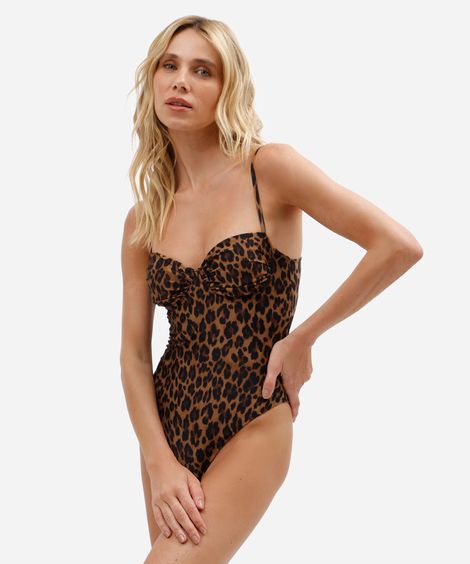 maiô balconet feminino franzido animal print preto