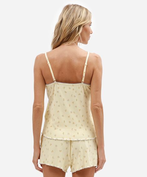 pijama short doll feminino canelado floral amarelo