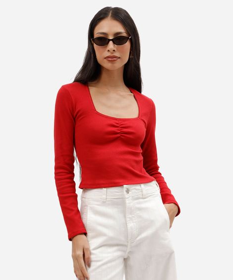 blusa feminina de algodão manga longa com franzido canelada vermelha