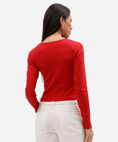 blusa feminina de algodão manga longa com franzido canelada vermelha