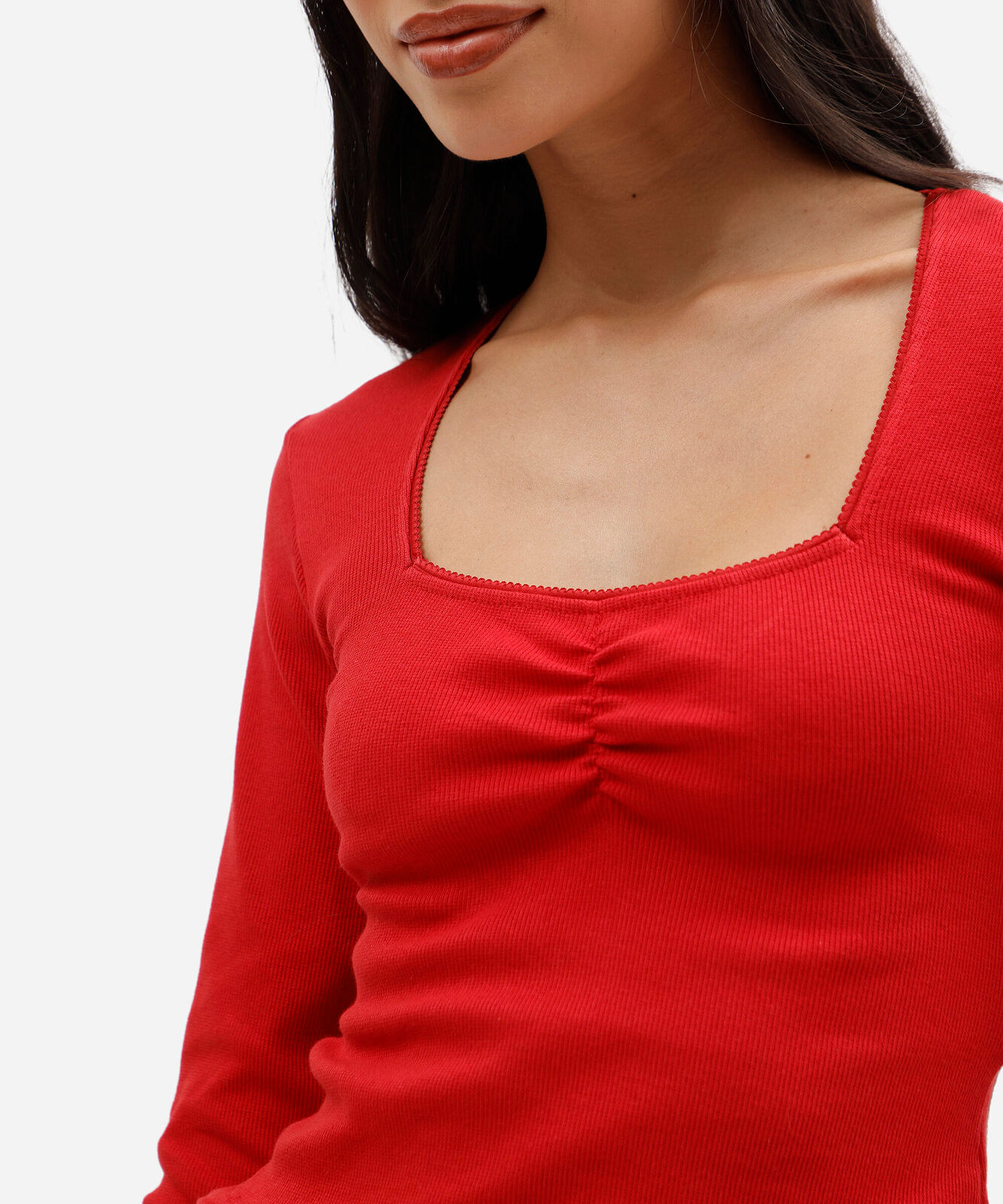 blusa feminina de algodão manga longa com franzido canelada vermelha