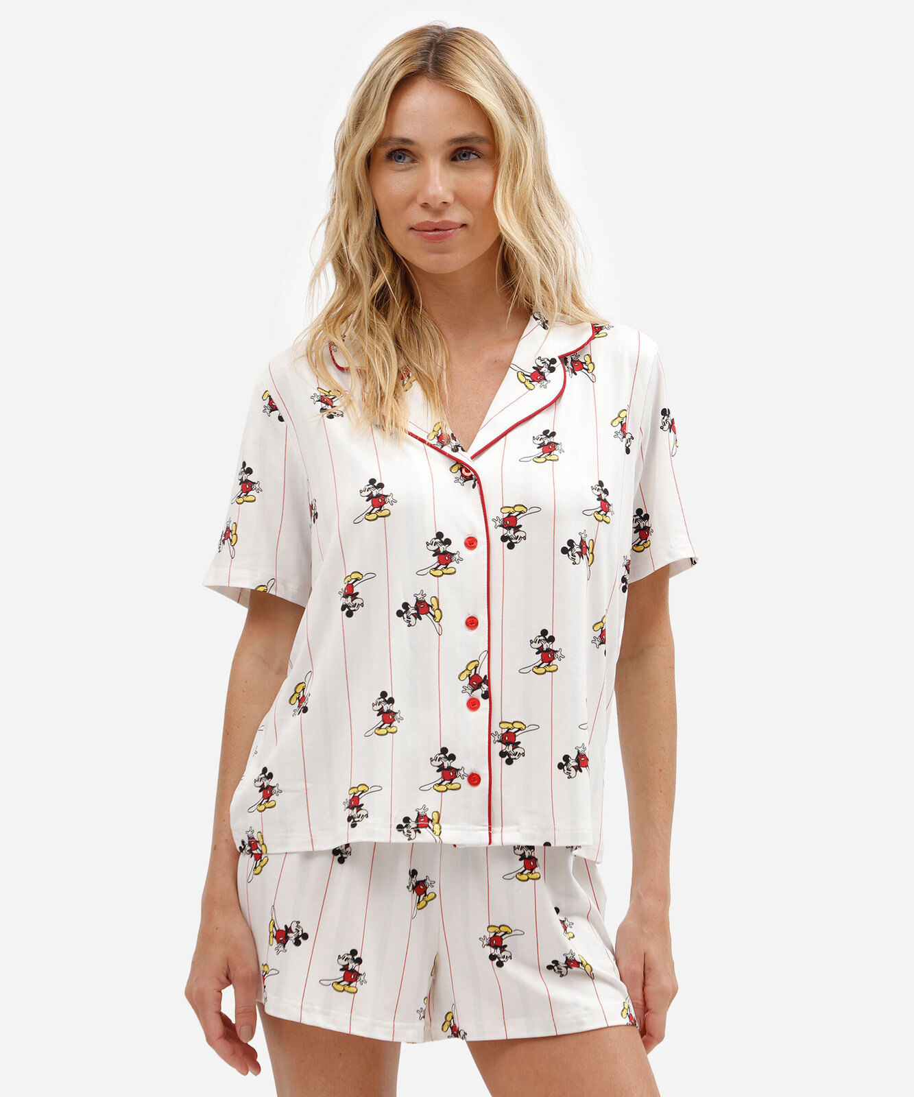 pijama americano curto feminino listrado mickey off white