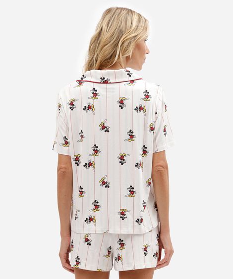 pijama americano curto feminino listrado mickey off white