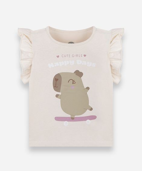 blusa infantil de algodão manga curta com babado capivara bege