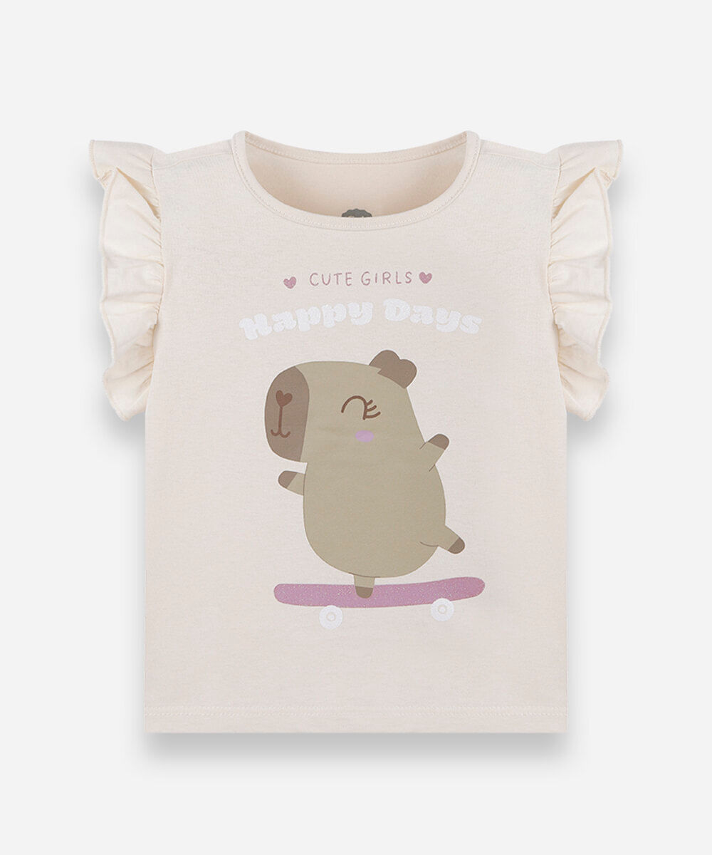 blusa infantil de algodão manga curta com babado capivara bege
