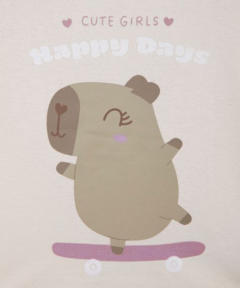 blusa infantil de algodão manga curta com babado capivara bege