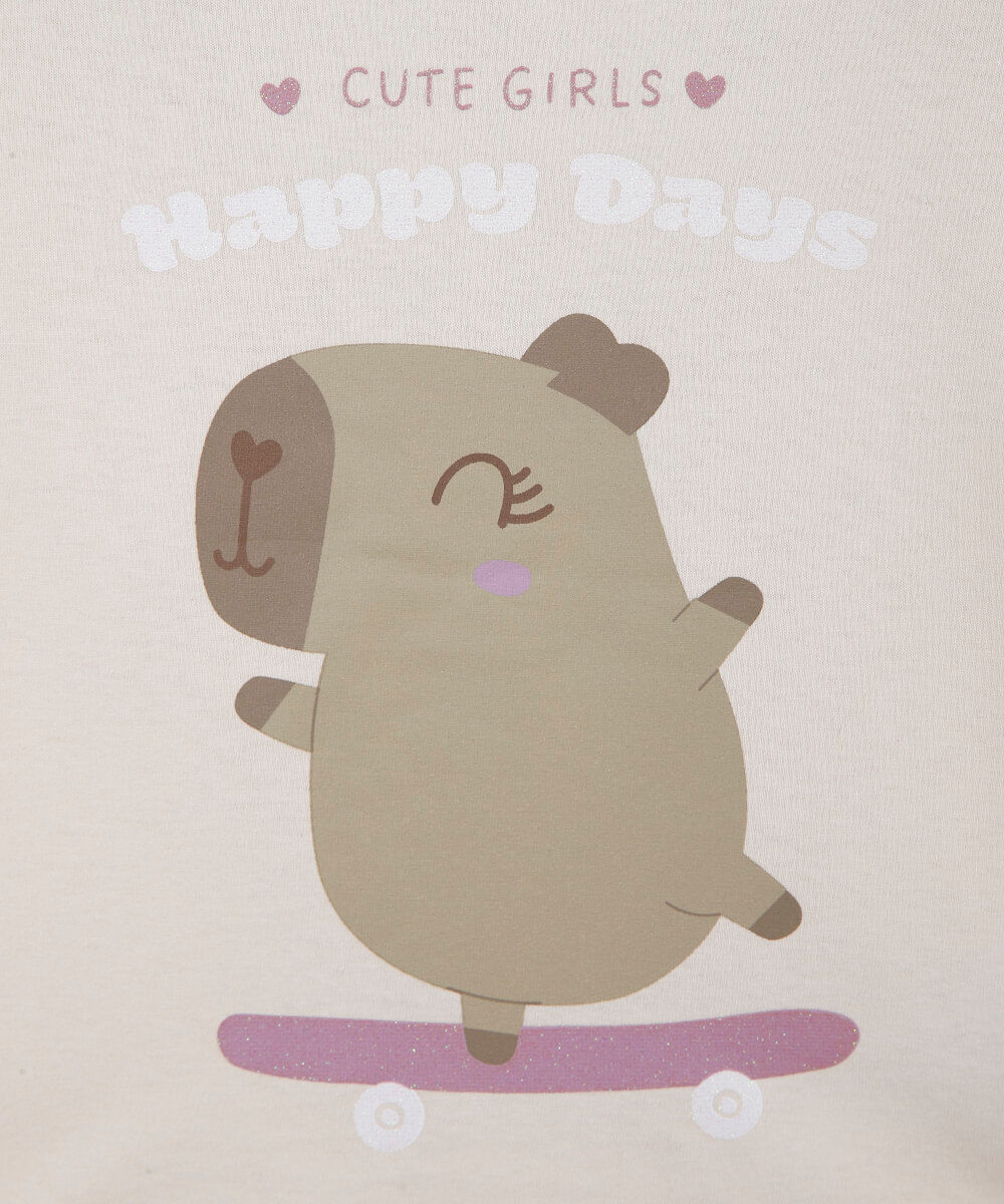 blusa infantil de algodão manga curta com babado capivara bege