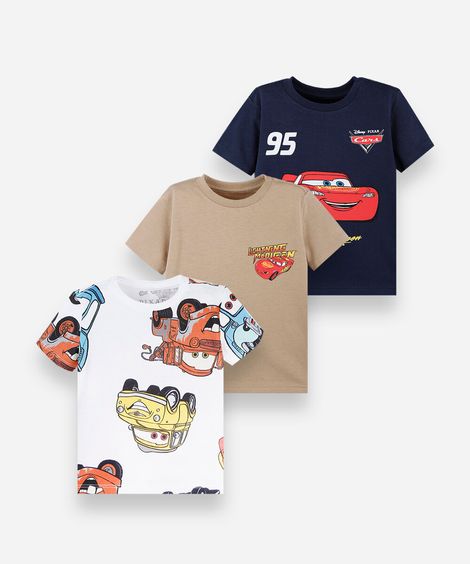 kit de 3 camisetas infantis em algodão manga curta carros colorido