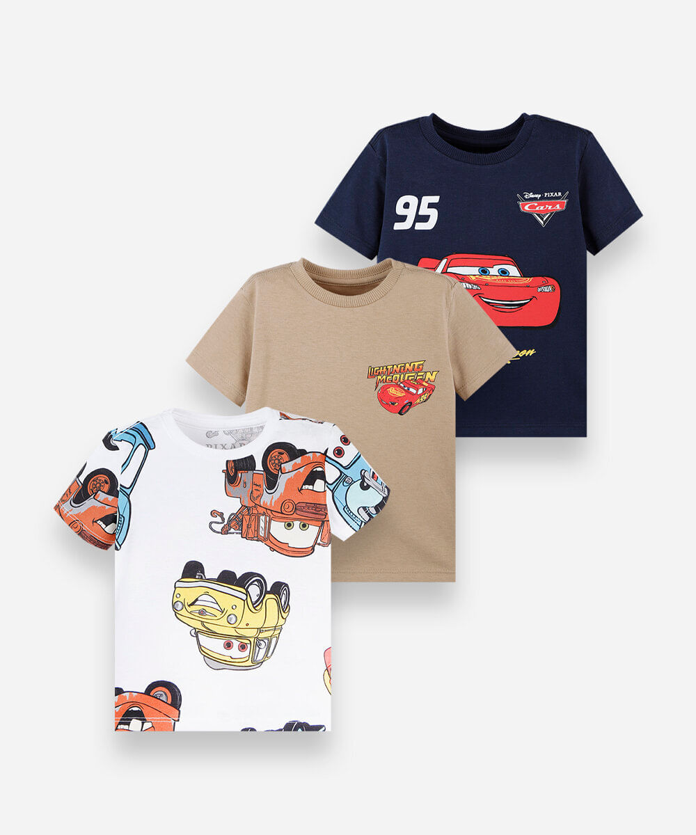 kit de 3 camisetas infantis em algodão manga curta carros colorido