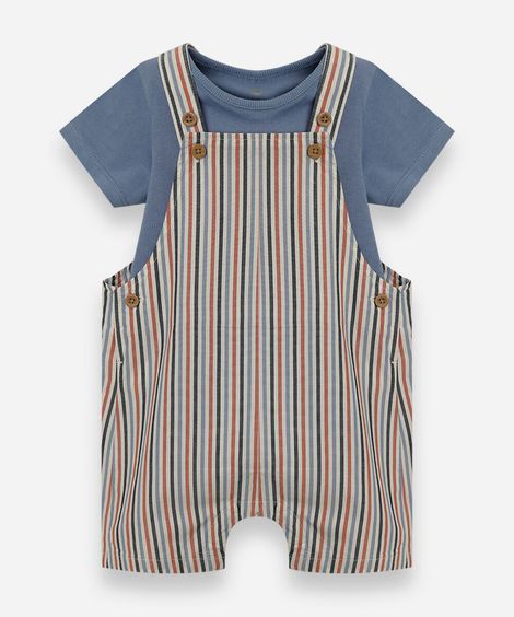 jardineira infantil listrada de algodão com camiseta colorida