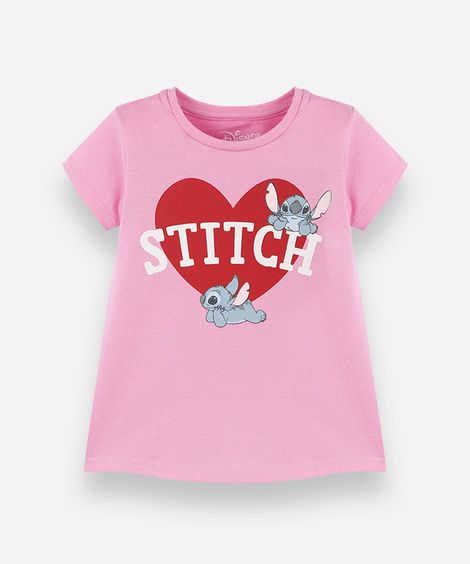blusa infantil de algodão manga curta stitch rosa