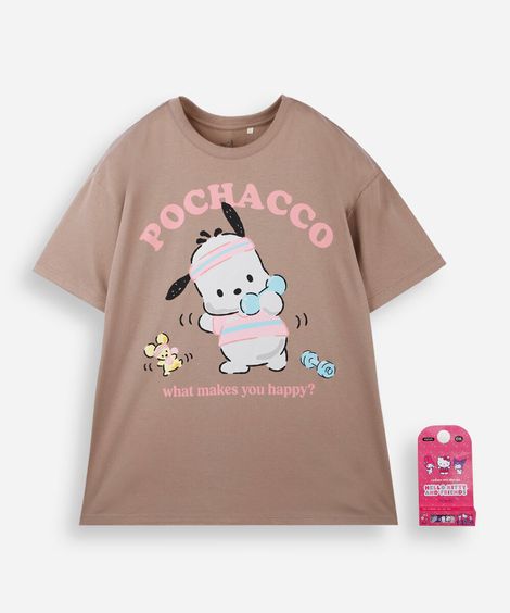 camiseta oversized juvenil de algodão manga curta pochacco com brinde marrom