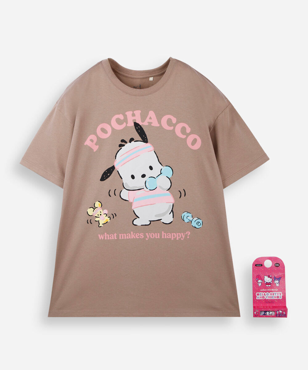 camiseta oversized juvenil de algodão manga curta pochacco com brinde marrom