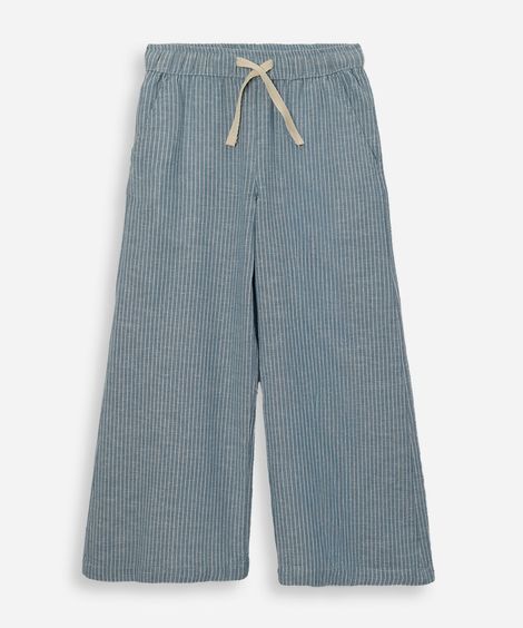 calça wide leg infantil com linho cós elástico listrada azul