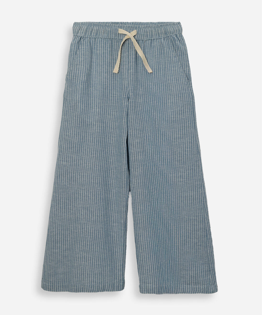 calça wide leg infantil com linho cós elástico listrada azul