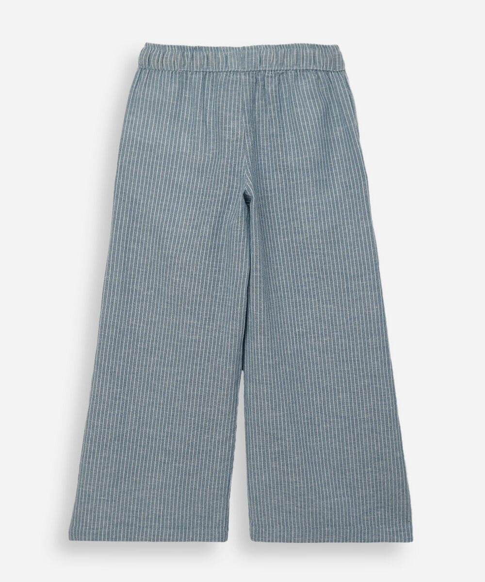 calça wide leg infantil com linho cós elástico listrada azul
