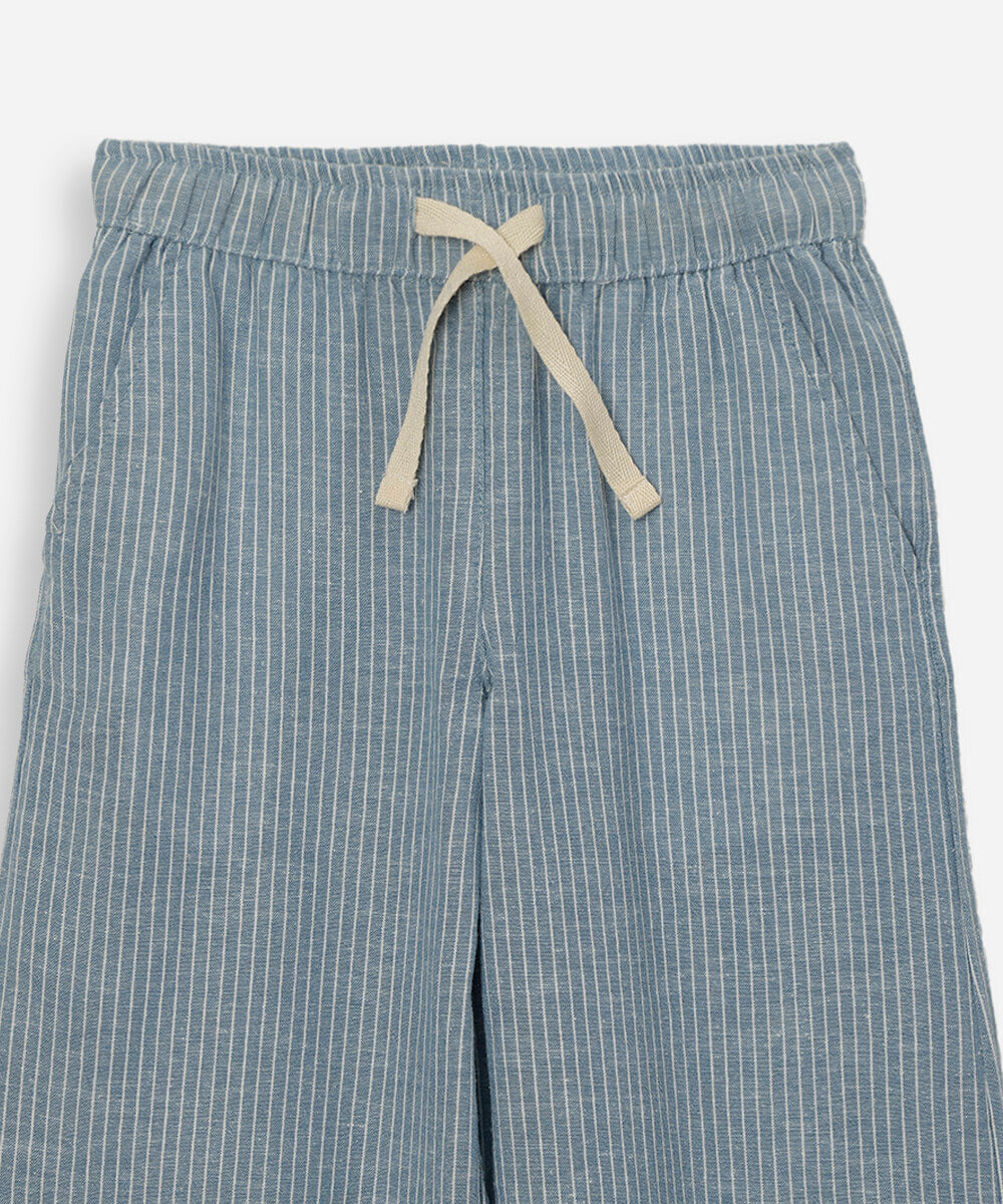 calça wide leg infantil com linho cós elástico listrada azul